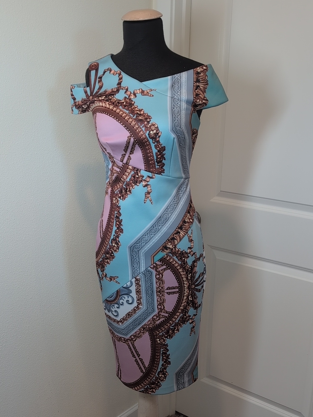 Ted Baker One-Shoulder Dress in Light Blue and Pink with Gold Accents